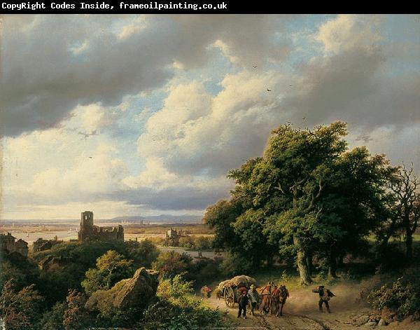 Barend Cornelis Koekkoek Flublandschaft mit Ruine und Pferdewagen